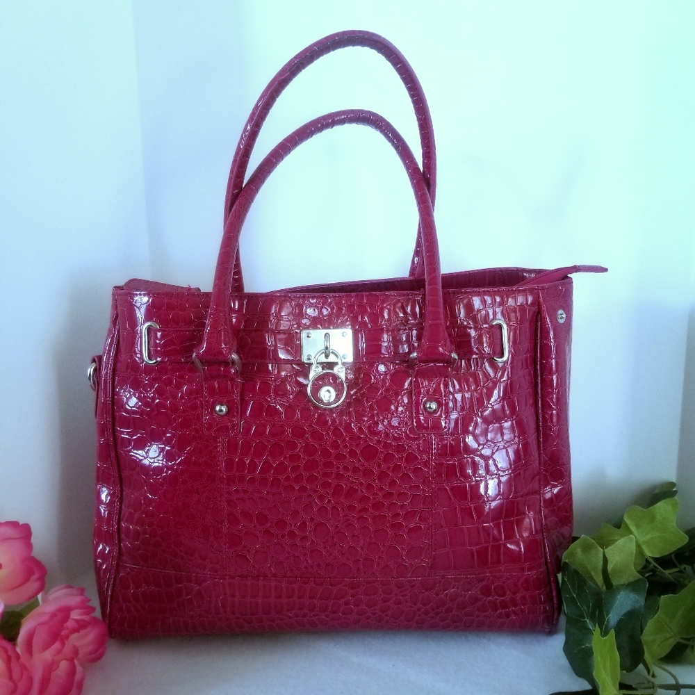 3/$28 NYC Red Tote Bag Croc Faux Leather Design
